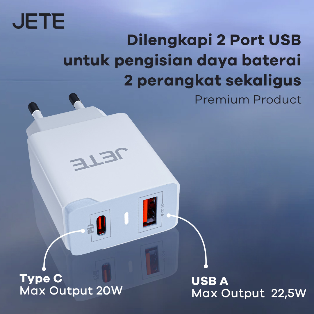 JETE E2 Series Travel Fast Charger 22.5W dengan 2 Port USB
