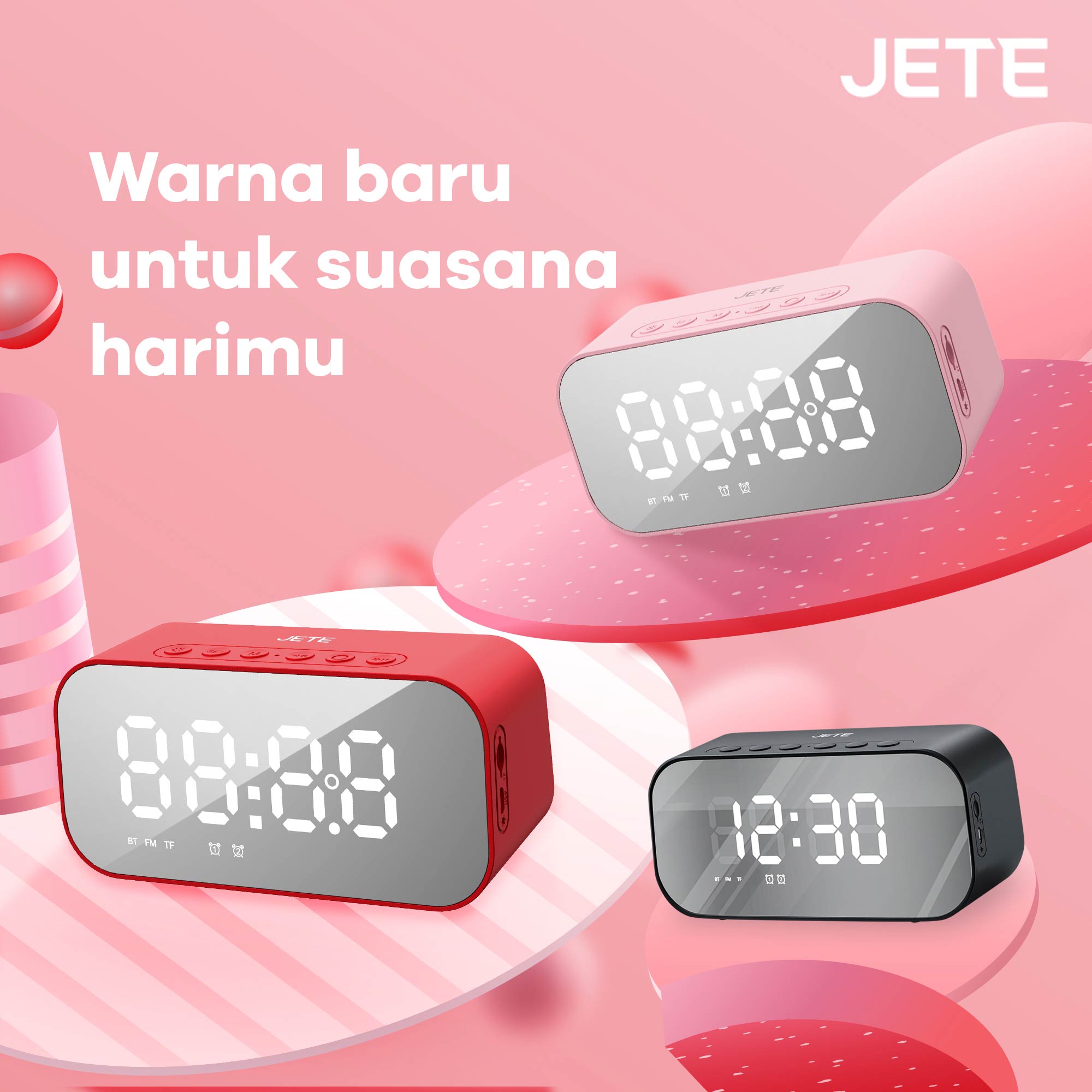 JETE S2 Speaker Jam Digital Portable dengan warna baru (hitam, pink dan merah)
